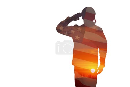 Silhouette of soldier with print of sunset and USA flag saluting isolated on white background. Greeting card for Veterans Day, Memorial Day, Independence Day. America celebration.