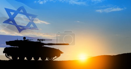 Photo for Silhouette of army tank at sunset sky background with Israel flag. Military machinery. - Royalty Free Image