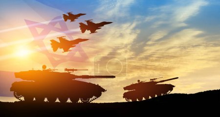 Photo for Silhouettes of army tanks and fight planes on background of sunset with a transparent waving Israel flag. Military machinery. Independence day. - Royalty Free Image