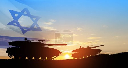 Photo for Silhouettes of army tanks at sunset sky background with Israel flag. Military machinery. - Royalty Free Image