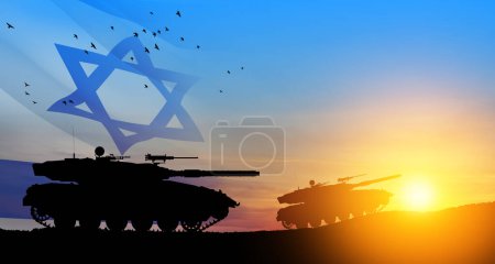 Photo for Silhouettes of army tanks at sunset sky background with Israel flag. Military machinery. - Royalty Free Image