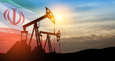 Photo for Oil drilling derricks at desert oilfield with Iran flag. The change in oil prices caused by the war. Oil prices are rising because of the global crisis. Crude oil production from the ground. - Royalty Free Image
