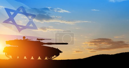 Photo for Silhouette of army tank at sunset sky background with Israel flag. Military machinery. - Royalty Free Image