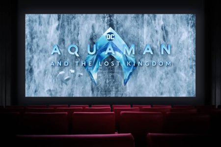 Photo for Aquaman and the Lost Kingdom movie in the cinema. Watching a movie in the cinema. Astana, Kazakhstan - December 5, 2023. - Royalty Free Image