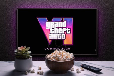 Photo for Grand Theft Auto 6 trailer game on TV screen. TV with remote control, popcorn bowl and home plant. Astana, Kazakhstan - December 5, 2023. - Royalty Free Image