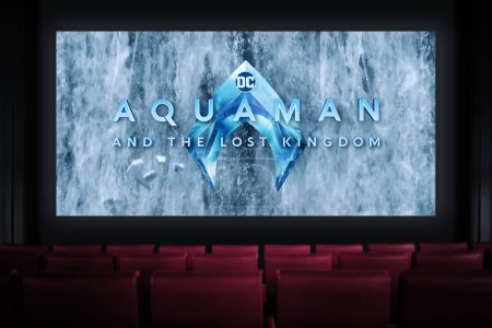 Photo for Aquaman and the Lost Kingdom movie in the cinema. Watching a movie in the cinema. Astana, Kazakhstan - December 5, 2023. - Royalty Free Image