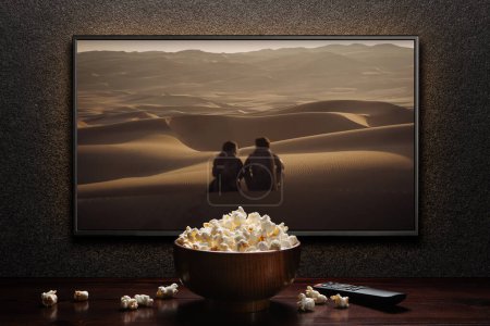 Téléchargez les photos : Écran de télévision jouant Dune Part Two bande-annonce ou film. TV avec télécommande et bol de maïs soufflé. Astana, Kazakhstan - 15 mai 2023. - en image libre de droit