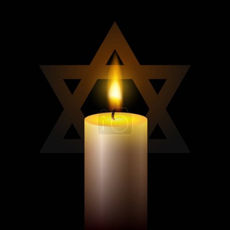 Illustration for International holocaust remembrance day. One burning candle and star of David on black background. EPS10 vector. - Royalty Free Image
