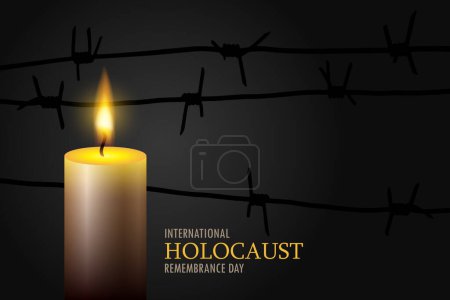 Illustration for International holocaust remembrance day. Three burning candle and with barbed wire on a black background. EPS10 vector. - Royalty Free Image