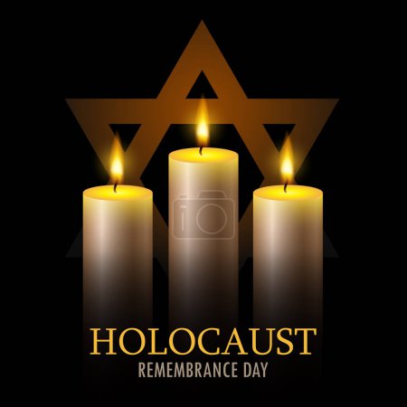 Ilustración de International holocaust remembrance day. Three burning candles and star of David on a black background. EPS10 vector. - Imagen libre de derechos