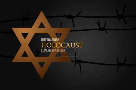 Ilustración de International Holocaust Remembrance Day. Star of David with barbed wire on a black background. Holocaust Remembrance Day Poster, January 27. EPS10 Vector. - Imagen libre de derechos