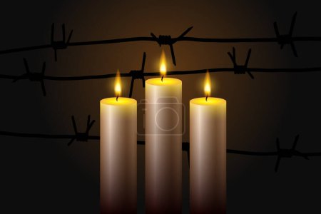 Ilustración de International holocaust remembrance day. Three burning candles and with barbed wire on a black background. EPS10 vector. - Imagen libre de derechos