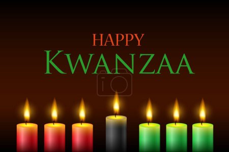 Joyeux kwanzaa. Bannière Web, affiche, carte pour les médias sociaux, réseaux. Sept bougies allumées avec des flammes avec le texte Happy Kwanzaa sur un fond sombre.