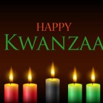 Happy kwanzaa. Web banner, poster, card for social media, networks. Seven lighted candles with flames with text Happy Kwanzaa on a dark background.