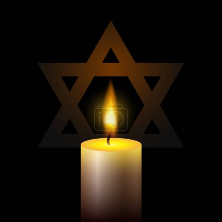 Ilustración de International holocaust remembrance day. One burning candle and star of David on black background. EPS10 vector. - Imagen libre de derechos
