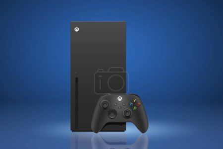 Téléchargez les illustrations : MOSCOW, RUSSIA - DECEMBER 20, 2021: Microsoft Xbox and wireless gamepad, Xbox Series X or Xbox 2 game console on blue background. EPS10 vector with simple gradients. - en licence libre de droit