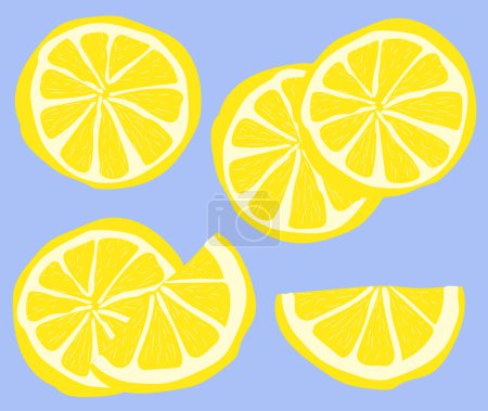 Illustration for Vector pattern with yellow lemons cut into slices on a blue background in a flat style. - Royalty Free Image