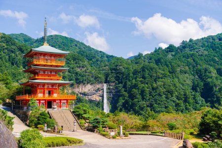 Photo for Nachi Falls, Japan. Waterfall and red temple. - Royalty Free Image