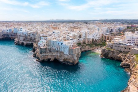 Spectacular spring cityscape of Polignano a Mare town, Puglia region, Italy, Europe. aerial view