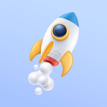 Téléchargez les illustrations : Fusée spatiale avec illustration d'icône 3d fumée - en licence libre de droit