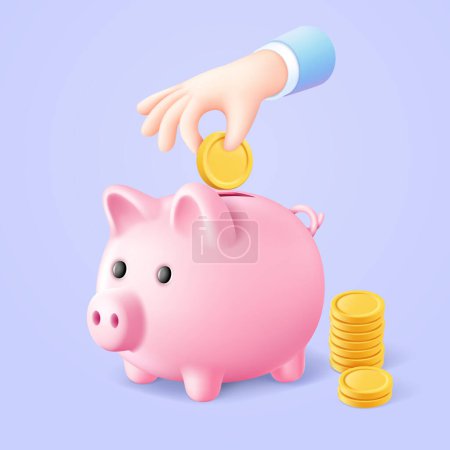 Illustration for Piggy bank with business hand holding golden coin 3d illustration - Royalty Free Image