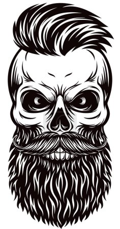 Ilustración de Cráneo hipster con cara barbuda ilustración en blanco y negro - Imagen libre de derechos