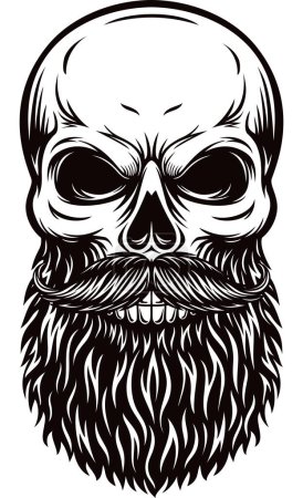 Illustration for Skull with bearded face black and white illustration - Royalty Free Image