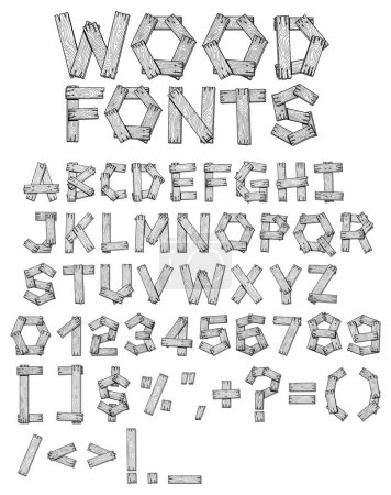 Illustration for Alphabet wooden plank fonts letters and numbers. Hand drawn vector illustration. - Royalty Free Image