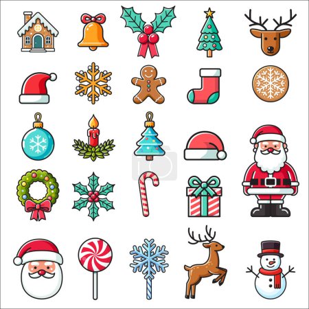 Téléchargez les illustrations : Décorations de Noël collection icône design plat - en licence libre de droit