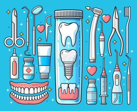 Téléchargez les illustrations : Éléments médicaux dentaires fond. Dents outils d'équipement. - en licence libre de droit