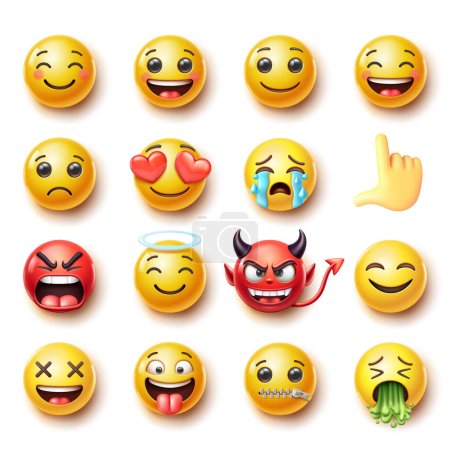 Illustration for Emoji emoticons symbols icons color set. The emoticons include faces happiness, love, sadness, crying, pointing hand gesture, anger, devilish mischief, angelic goodness, humor, silliness, sickness, and being speechless. - Royalty Free Image