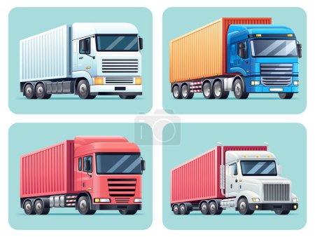 Téléchargez les illustrations : Camions avec remorques transport couleur ensemble vectoriel illustration - en licence libre de droit