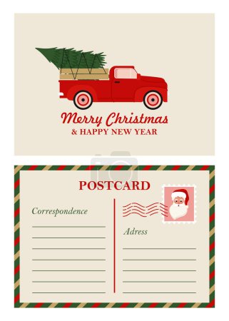 Illustration for Christmas Vintage Greeting Postcard with retro red pickup truck car and Santa Claus. Xmas Vector template in flat style - Royalty Free Image