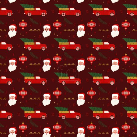 Illustration for Christmas Vintage Seamless pattern with Santa and pickup truck car. Vector illustration in flat style - Royalty Free Image