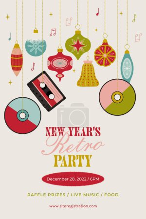 Téléchargez les illustrations : Modèle rétro-style New Years Party. Illustration vectorielle avec boules de verre décoratives dans un style plat - en licence libre de droit