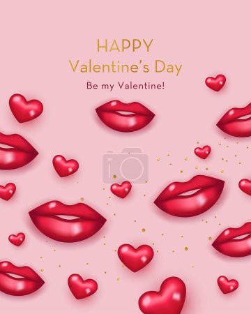 Illustration for Valentine s Day Poster with red Lips and hearts. Vector illustration in a realistic 3D style - Royalty Free Image