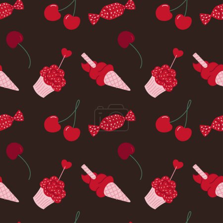 Illustration for Sweet cake, ice cream, and cherry seamless pattern. vector illustration in doodle style - Royalty Free Image