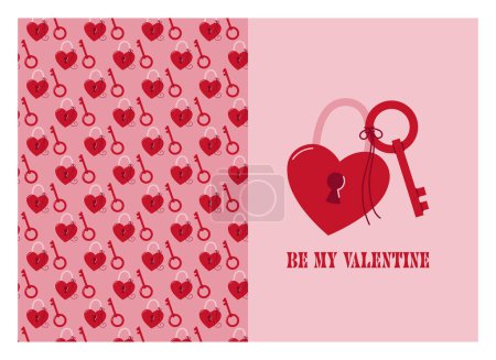 Ilustración de Tarjeta de felicitación de San Valentín con cerradura de corazón, patrón de llave y el mismo elemento. Ilustración vectorial en estilo doodle - Imagen libre de derechos