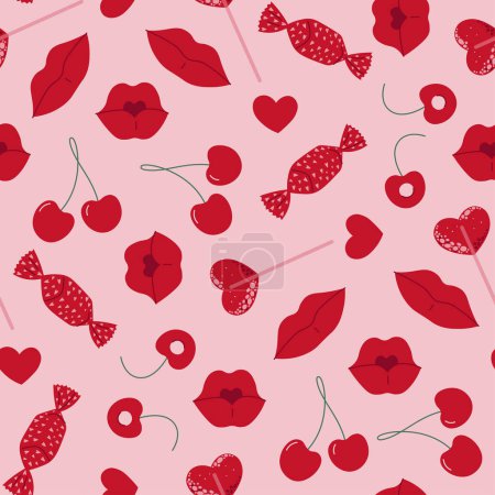 Illustration for Valentines seamless pattern with lips, candy, and cherry. Simple Vector illustration in doodle style - Royalty Free Image