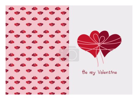 Illustration for Valentines Greeting Folded Card with hearts tied with threads, and the same element. Vector illustration in doodle style - Royalty Free Image