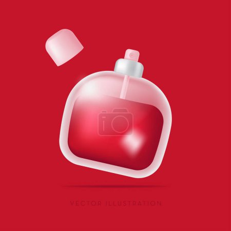 Téléchargez les illustrations : Bouteille rouge de parfum. Illustration vectorielle minimale dans le style 3D - en licence libre de droit