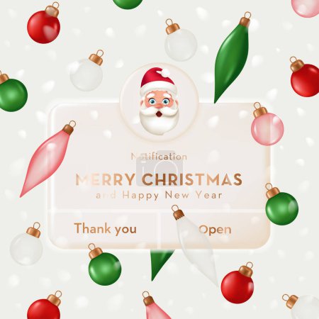 Illustration for Merry Christmas and Happy New Year. 3D Cartoon Reminder, Notifications page with Santa head and glass balls - Royalty Free Image