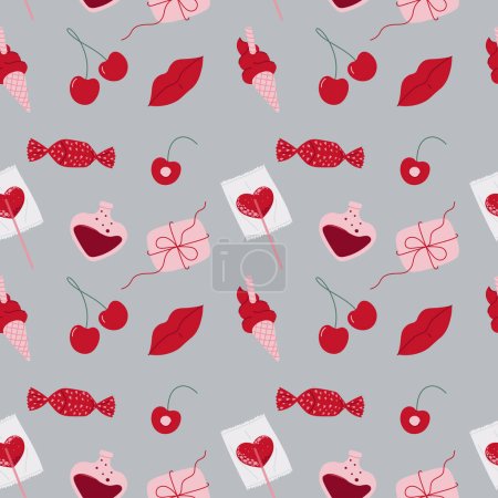 Illustration for Valentines seamless pattern with lips, candy, cherry, envelope, ice-cream, and perfume. Vector illustration - Royalty Free Image
