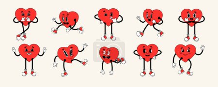 Téléchargez les illustrations : Cool Hipster Trendy Emoji. Funny cartoon hearts characters. Comic stickers, patches, and pins set. Trendy Vector illustration in retro cartoon style. - en licence libre de droit