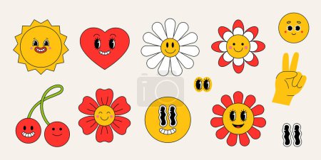 Téléchargez les illustrations : Abstract Hipster Cool Trendy emoji, Funny different characters, Retro Stickers, patches, and pins. Vector illustration in retro flat style - en licence libre de droit