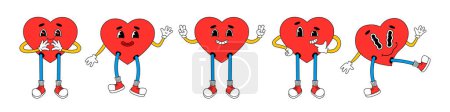 Illustration for Funny cartoon hearts characters. Comic stickers, patches, and pins set. Vector illustration in trendy cartoon retro style. - Royalty Free Image