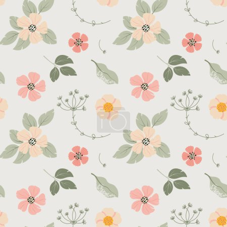 Téléchargez les illustrations : Pastel Seamless Pattern with Blossom Spring Flowers. Vector illustration in trendy hand-drawn flat style - en licence libre de droit
