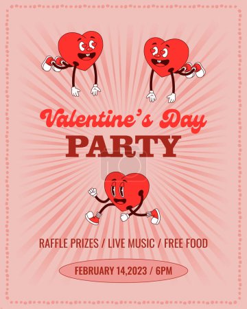 Illustration for Valentine Party Poster template. Vector illustration with funny hippies hearts emoji in trendy retro flat style - Royalty Free Image