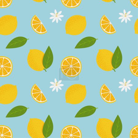 Téléchargez les illustrations : Tropical seamless pattern with yellow lemons fruit slices. Hand-drawn Vector Illustration for print fabric or wallpaper - en licence libre de droit