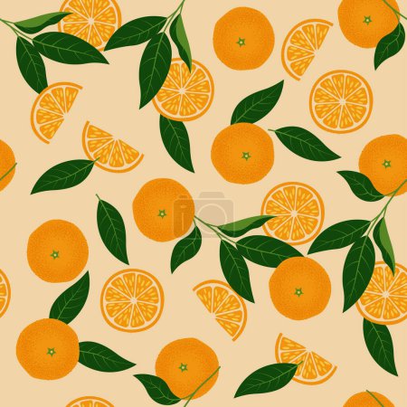 Illustration for Tropical seamless pattern with orange citrus fruit. Hand-drawn Vector Illustration for print fabric or wallpaper - Royalty Free Image
